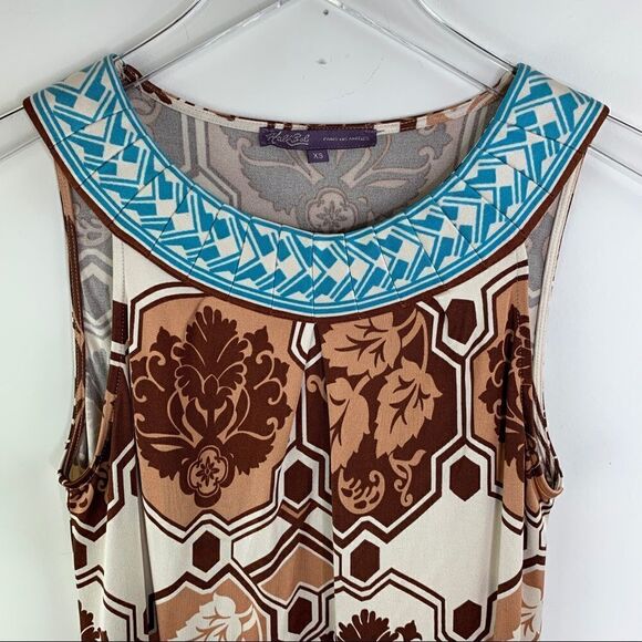 Hale Bob Multicolor Brown/White/Turquoise Geo Print Sleeveless Silk Dress Boho - Picture 2 of 12